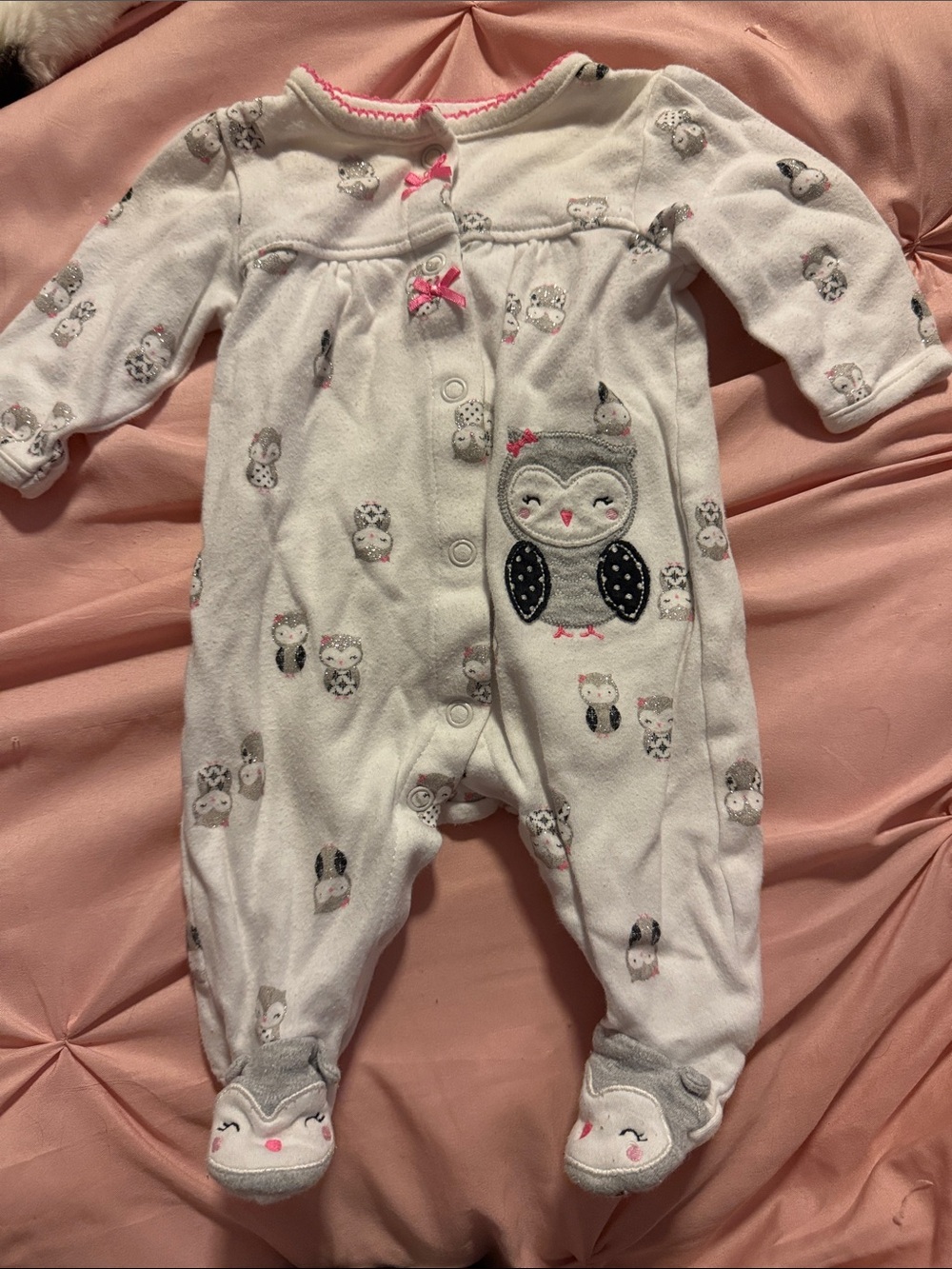 Carter's White Owl Print Footed One-Piece with Pink Accents